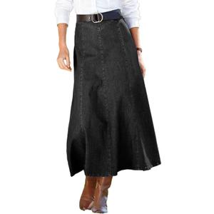Flamingals Long Denim Skirt for Women High Waisted Vintage Pleated Flowy Swing A-line Maxi Jean Skirts Without Belt L
