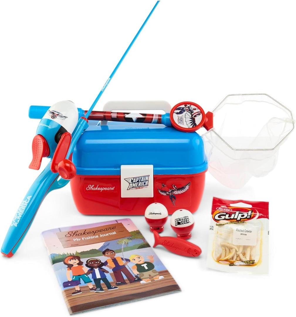 Shakespeare Marvel Captain America Kids Fishing Set, 2’6” Kids Fishing Rod and Reel Combo, Comes with Net and Tackle Box, Complete Kit with Bobbers and Bait, Marvel Captain America 7pc Kit