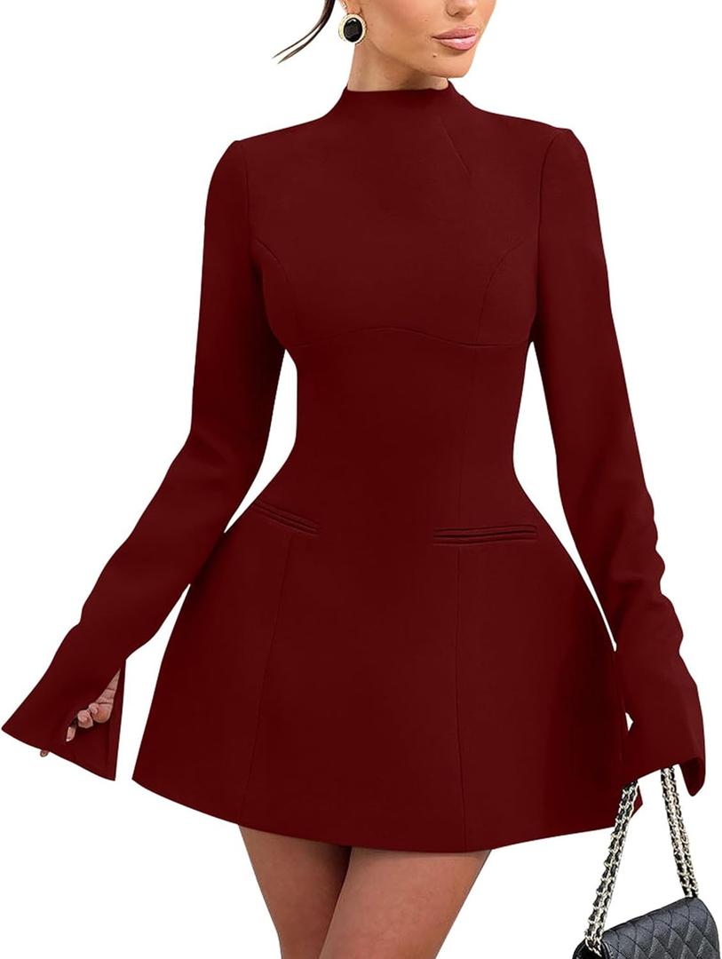 YMDUCH Women's Elegant Long Sleeve Mock Neck Backless A-line Party Mini Dress (Medium, Winered)