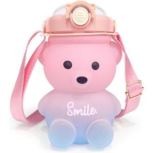 Cute Bear Water Bottle: 32oz Kawaii Kids Water Bottles with Strap and Straw - Leak-proof Plastic Drinking Cups for Girls Women School Sports Camping Picnic Hiking Travel (Pink-blue)