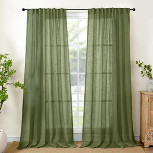 YoungsTex Olive Green Linen Curtains 84 Inch Length - Semi Sheer Drapes Light Filtering with Back Tab Rod Pocket Lightweight for Bedroom Living Room Window, 2 Panels, 52 X 84 Inch