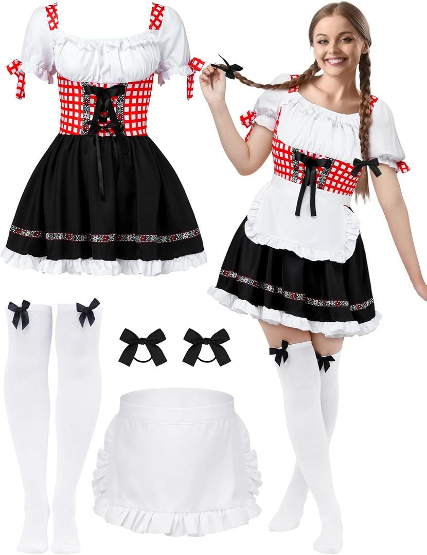 SOMSOC Women's Oktoberfest Costume German Bavarian Costume Outfit Dirndl Dress Bow Hair Ties for Oktoberfest Halloween Party (X-Large, Black)