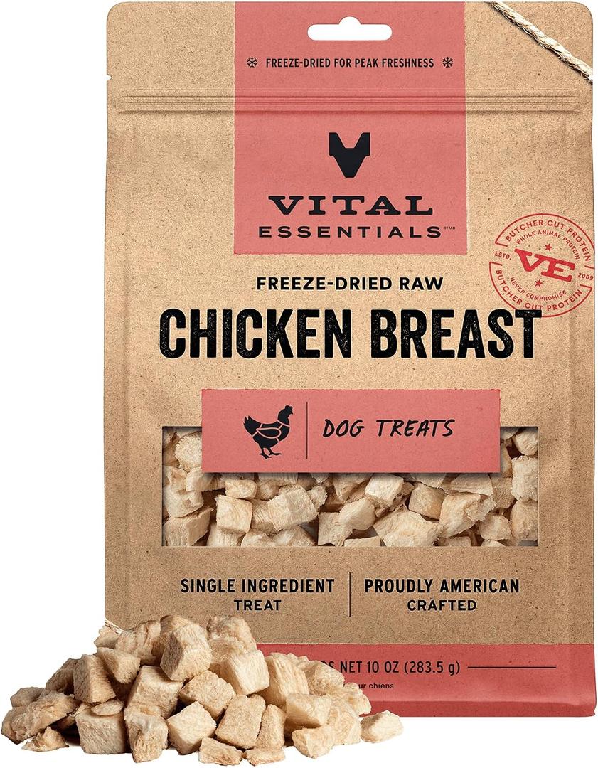 Vital Essentials Freeze Dried Dog Treats | Chicken Breast, Single Ingredient | Premium Quality | Grain Free Training Treats for Dogs, 10 oz Bag (EXP 11/19/27)