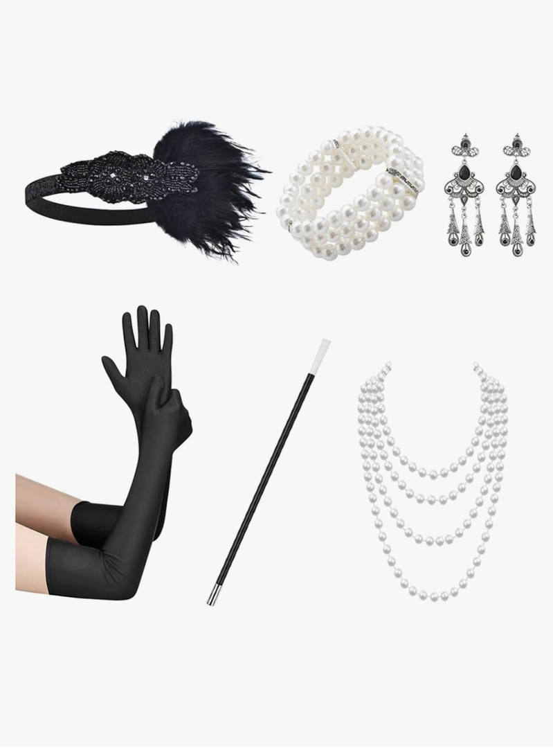 HGps8w 1920s Gatsby Accessories for Women 20s Feather Headband Necklace Bracelet Earrings Gloves Sets Flapper Party Costumes