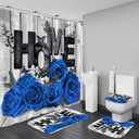 Blue Rose 4 Pcs Shower Curtain Sets Non-Slip Rugs Bath Mat Toilet Cover U Shaped Mat Black Blue Shower Curtain with 12 Hooks Red Rose Bathroom Set