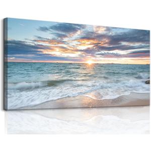 Yxbhhym-Large Canvas Wall Art Beach Artwork for Walls Coastal Wall Décor Seascape Prints Ocean Painting Sunset Picture Waves Sea Landscape Poster Bedroom Wall Art Living Room Office Decorations, 48"L x 24"W