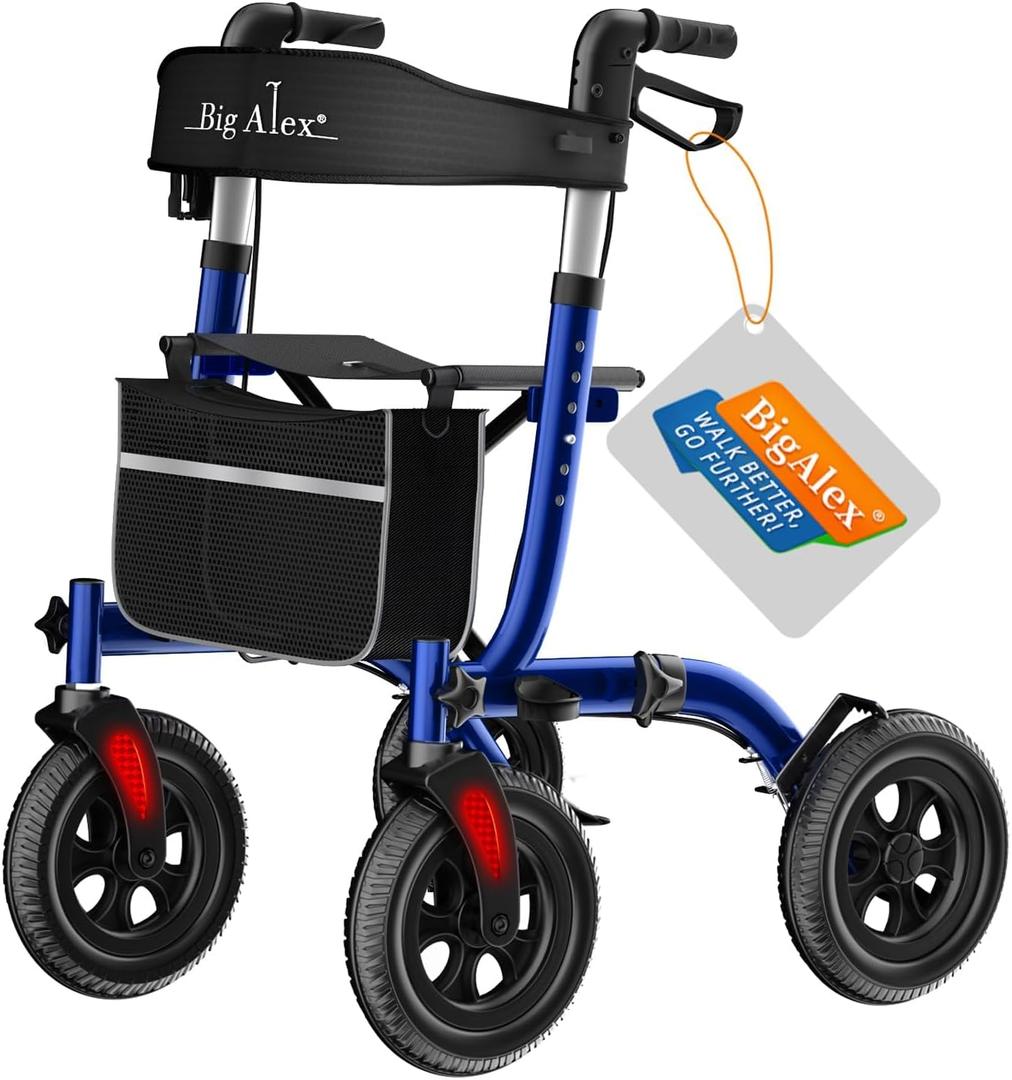 BigAlex Rollator Walker with Seat, Walker for Seniors with Wider Seat,Folding Rolling Walkers with 10" All-Terrain Wheels,Lightweight Aluminum Walkers Rollator with Backrest,Cup Holder,Blue