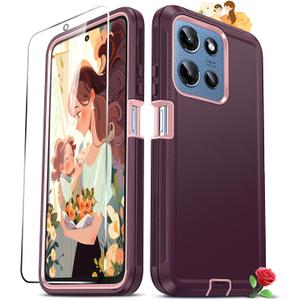 LeYi for Motorola Moto-G-2025 Case: [NOT FIT G Power] Tempered Glass Screen Protector, Heavy Duty 3 in 1 Rugged Cover, Military Grade Shockproof Android Phone Case for Moto G 2025, Wine RedPink