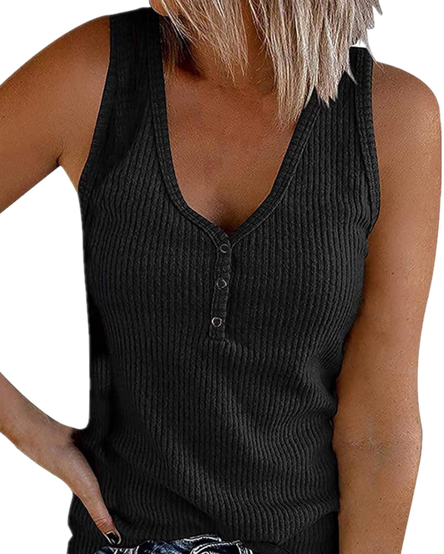 Womens V Neck Tank Tops Summer Sleeveless Ribbed Button Casual Henley Shirts XXL