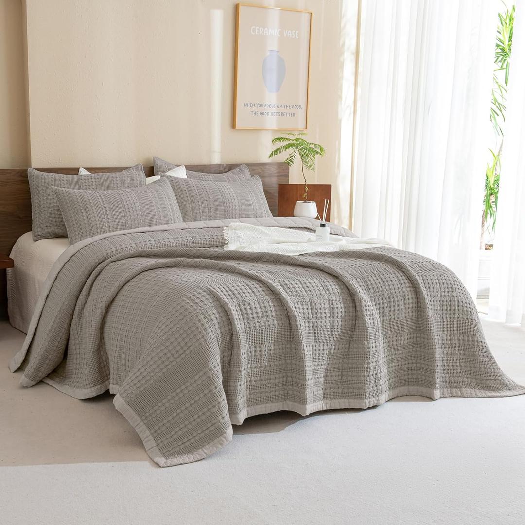 CozyTide Oversized King Quilt 120x120,100% Cotton Waffle Bedspread,3 Piece Ultra Soft Dark Khaki California King Coverlet Farmhouse Bedding Set for All Season