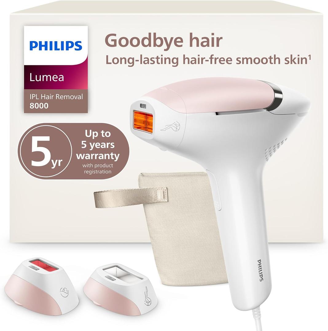 Philips Lumea 8000 Series IPL Hair Removal Device, Personal Permanent At Home Laser Hair Reduction, for Women & Men, SenseIQ Technology, 2 Attachments for Body & Face, BRI932/03 (White)