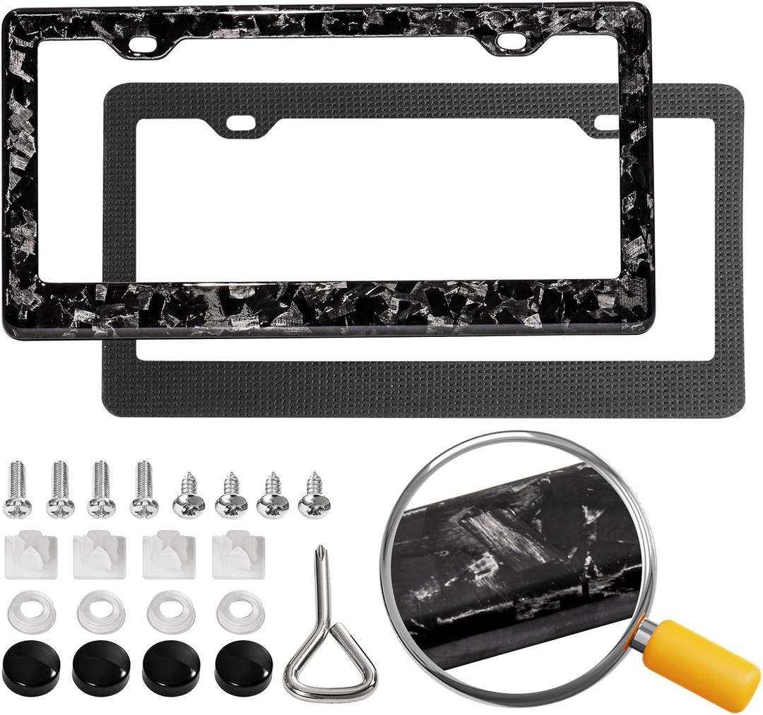 Real Carbon Fiber License Plate Frame, 100% Pure Carbon Fiber Frame, Black License Plate Holder Coverwith Screw Caps, Anti-Vibration Pads, (Forged 2 Hole)