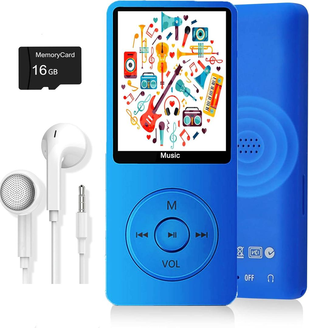 MP3 Player, Music Player with 16GB Micro SD Card, Build-in Speaker/Photo/Video Play/FM Radio/Voice Recorder/E-Book Reader, Supports up to 128GB (Dark Blue)