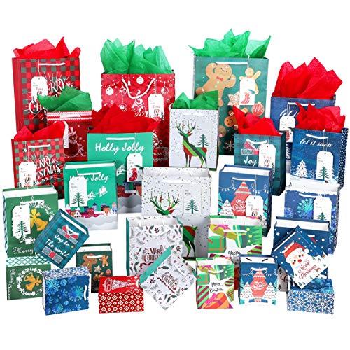 Christmas Gift Bags 9 PCS,Durable Christmas Bags with Tissue Paper, 6 Styles Gift Bags Bulk with Handles, Reusable Small Gift Bags Xmas Paper Bags,Party Favors Holiday Gift Bags,4 Different