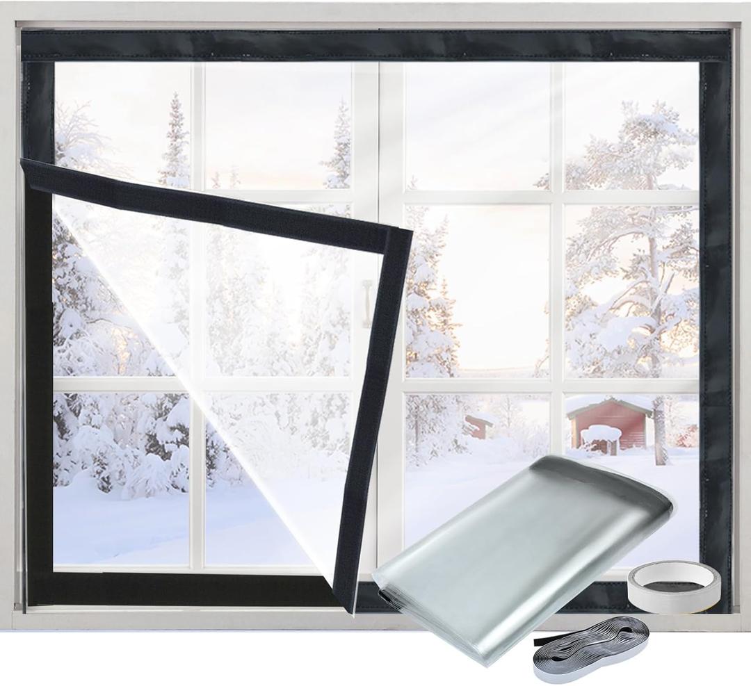 Window Insulation Kit for Winter Adjustable Plastic Insulated Window Cover Sealer Reusable Thermal Thicken Clear Insulation Wrap Transparent Film with Hook and Loop Tape for Winterizing 48'' x 63''