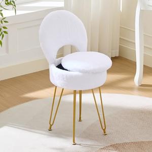 RUCUKEN Faux Fur Off White Small Vanity Chair & Stool - 13" Dx13 W Folding Back Storage Ottoman, Anti-Slip Golden V-Leg for Bedroom Makeup Room