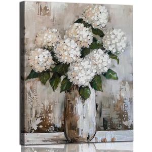 Bathroom Wall Art White Hydrangea Decor Flower Canvas Pictures Hand-Painted Vintage Floral Painting for Bedroom Abstract Farmhouse Artwork for Dining Room Living Room Home Office Decorations 16x20 Inches (20L" x 16W")