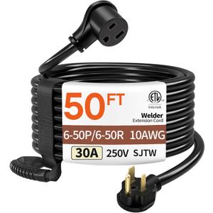50FT 30 Amp 10 Gauge 3 Prong Welder Extension Cord, NEMA 6-50P to NEMA 6-50R, Heavy Duty 250V Welding Extension Cable for Lincoln, Plasma, Miller, SJTW, ETL Listed