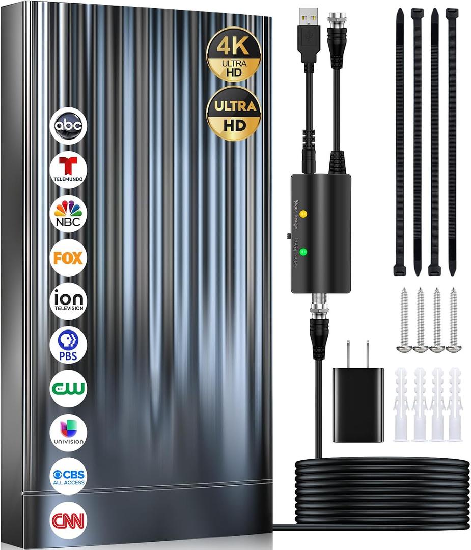 7500+ Miles Tv Antenna Indoor, 2026 Digital Antenna for Smart Tv Outdoor, Strongest HDTV for Local Channels with Amplifier, Signal Booster & 52FT Coax Cable/AC Adapter Support 8K 4K 1080p