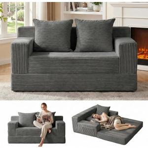 Erament Convertible Sofa Bed, Loveseat Folding Floor Futon Sleeper Sofa Couch Bed- Boneless Foldable Couch, Corduroy Pull Out Sofa Bed with 2 Pillows for Living Room & Bedroom