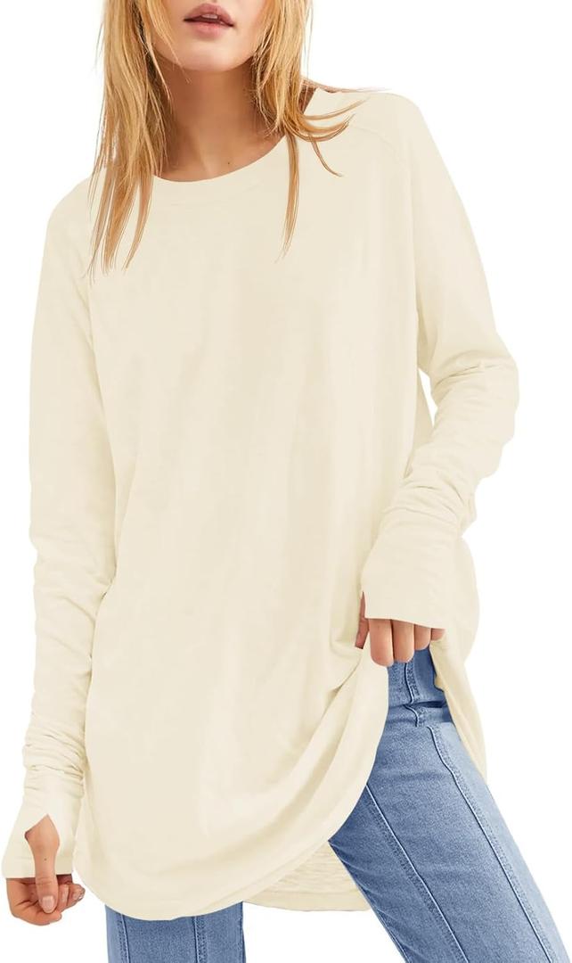 Fisoew Women's Casual Long Sleeve Tops Crew Neck Round Hem Loose T-Shirts Tunic Tops with Thumb Holes (Large)