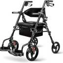 Foldable 2-in-1 Rollator Walker for Seniors with Seat, Lightweight Transport Wheelchair Combo 300 lbs Capacity, All-Terrain Tires, Anti-Tip Brakes, Adjustable Height 33.5"-40"