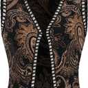 Verdusa Women's Western Boho Open Front V Neck Sleeveless Jacquard Tops Cow Girl Boho Vest Jacket (Medium, Black)