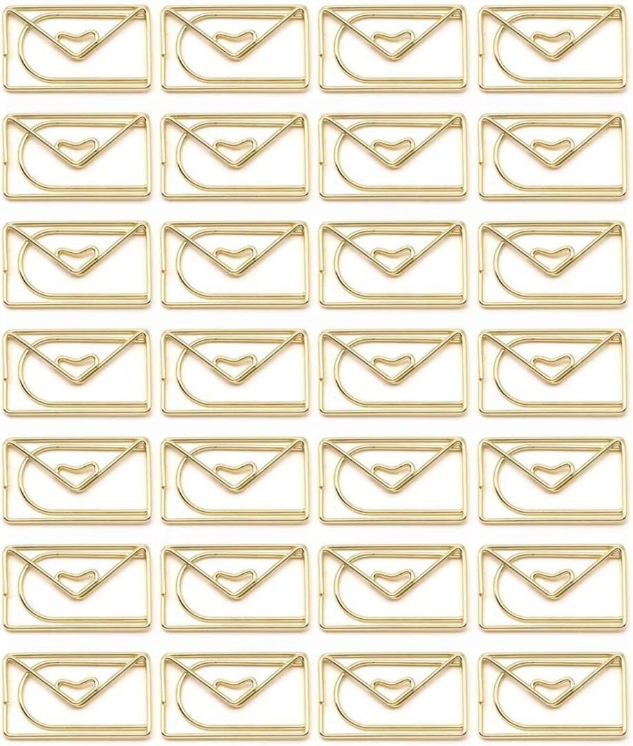 100PCS Envelope Shape Paper Clips Metal Funny Bookmarks Decorative Paper Clamps for School Office Home (Gold)