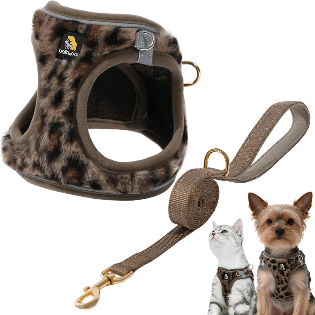 BELLA & PAL Step in Vest Harness for Small and Medium Dogs, No Pull Small Dog Harness with Leash Set, Comfortable Air Mesh Dog Vest Harness with Reflective Strip (Brown Leopard, S)