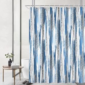 Blue Shower Curtain, Modern Abstract Ombre Blue and Silver Shower Curtain Set with Hooks Waterproof Minimalist Aesthetic Bathroom Curtain, 72x72 Inch