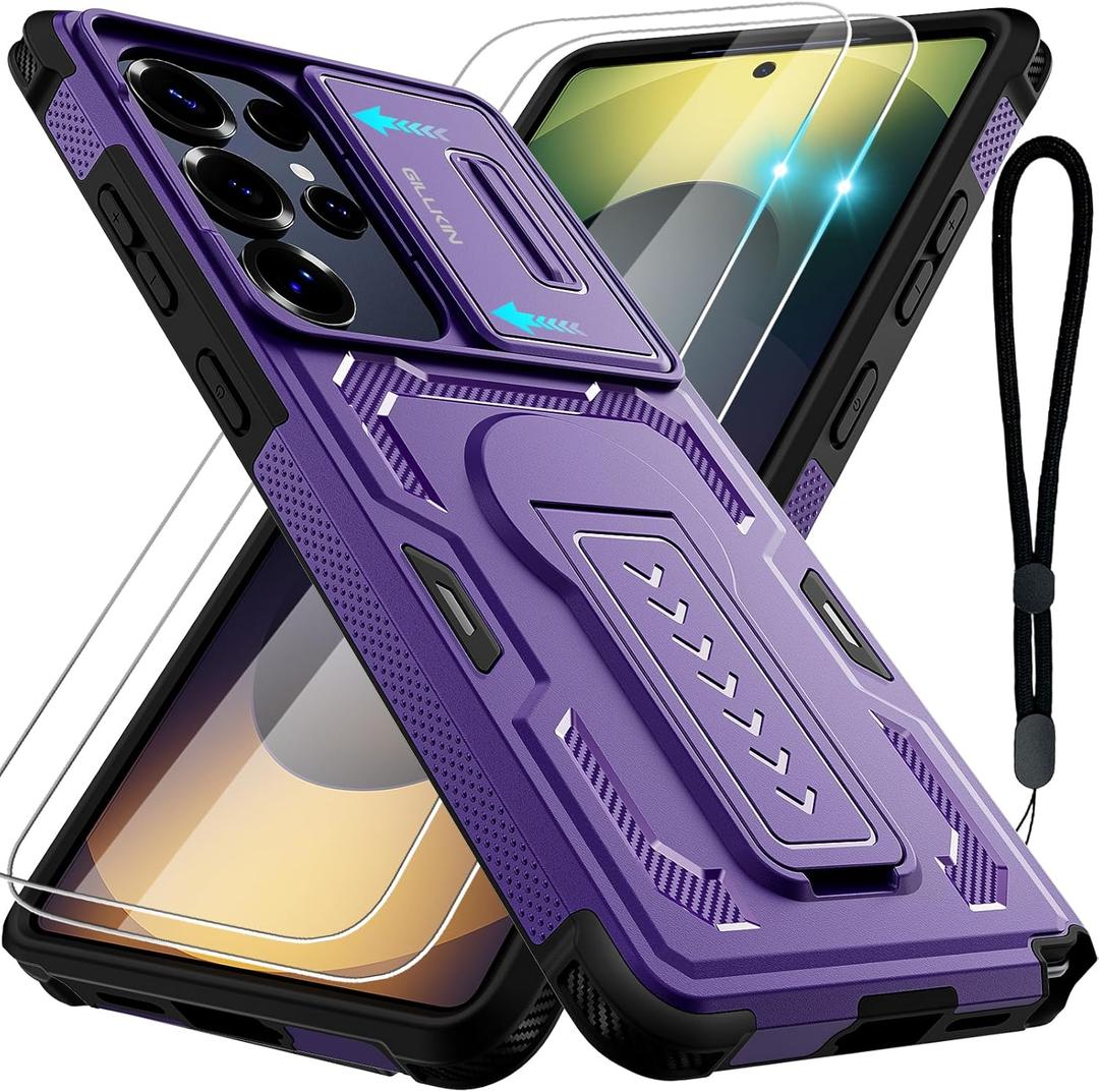 for Samsung Galaxy S25 Ultra Case with 2 Pack Screen Protectors, Slide Camera Cover, Kickstand, Lanyard Strap, 2-Layer Military Grade Heavy Duty Shockproof Rugged Protective Phone Case, Purple