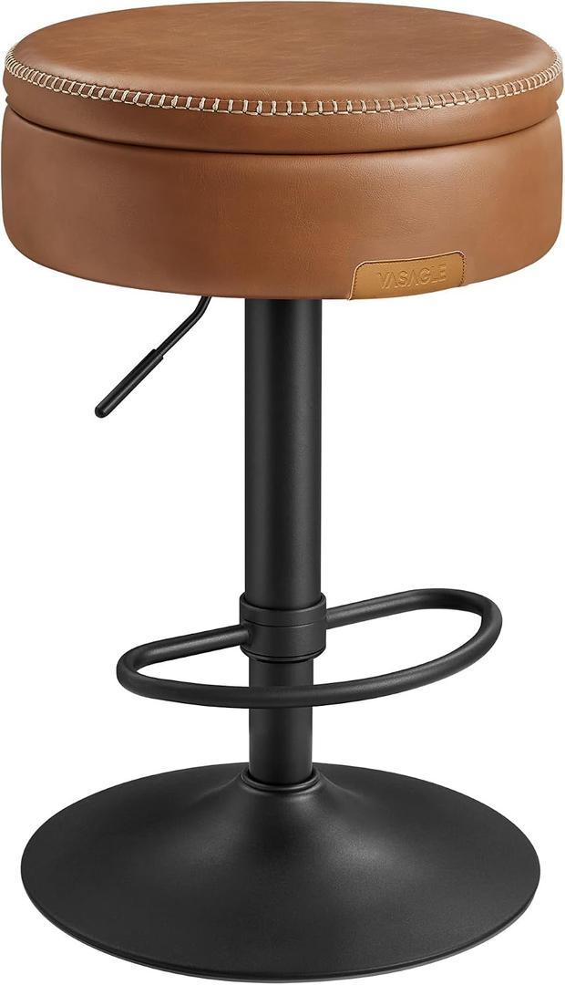 VASAGLE EKHO Collection - 360° Swivel Bar Stool, Height Adjustable Barstool with Storage, Synthetic Leather with Stitching, Mid-Century Modern, Kitchen Bar, Easy Assembly, Caramel Brown, 16.1"D x 16.1"W x 31.9"H
