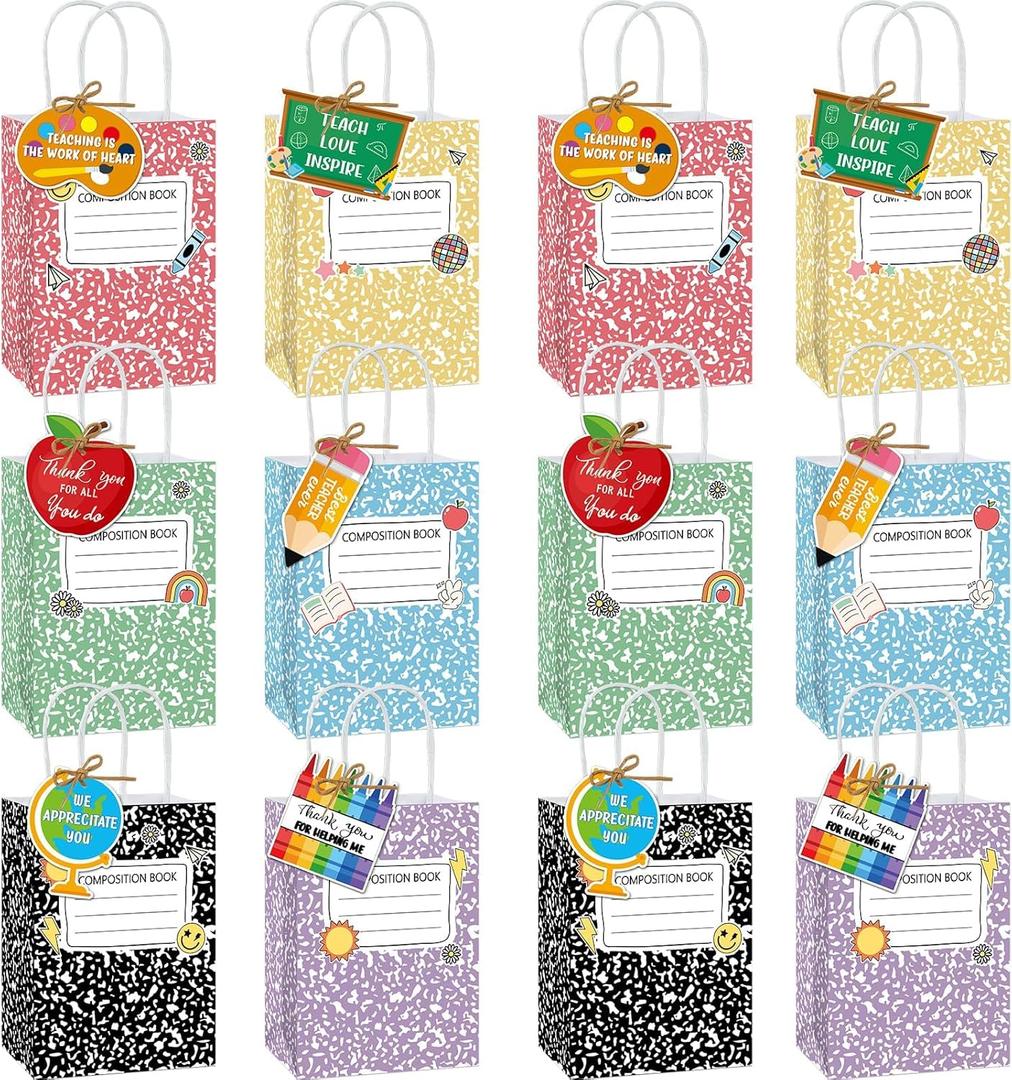 12 Sets Teacher Appreciation Gifts Bags Bulk Back to School Candy Treat Bag Composition Book Notebook Crayons Pencil Themed Favor Bags with Handles Tags for Classroom School Office Party Supplies