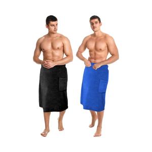 Tudomro 2 Pcs Men's Bath Wrap Towel X-Large Shower Adjustable Terry Body Spa Towel with Pocket After Shower Wrap for Men Gift Spa College Bath Dorm Room Gym(Black, Bright Blue)