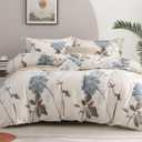 SLEEPBELLA Comforter Queen Size, 600 Thread Count Cotton Brown Branches and Blue Flowers Off-White Comforter Sets, Down Alternative Bedding Set 3Pcs(Queen, Off-White Botanical)
