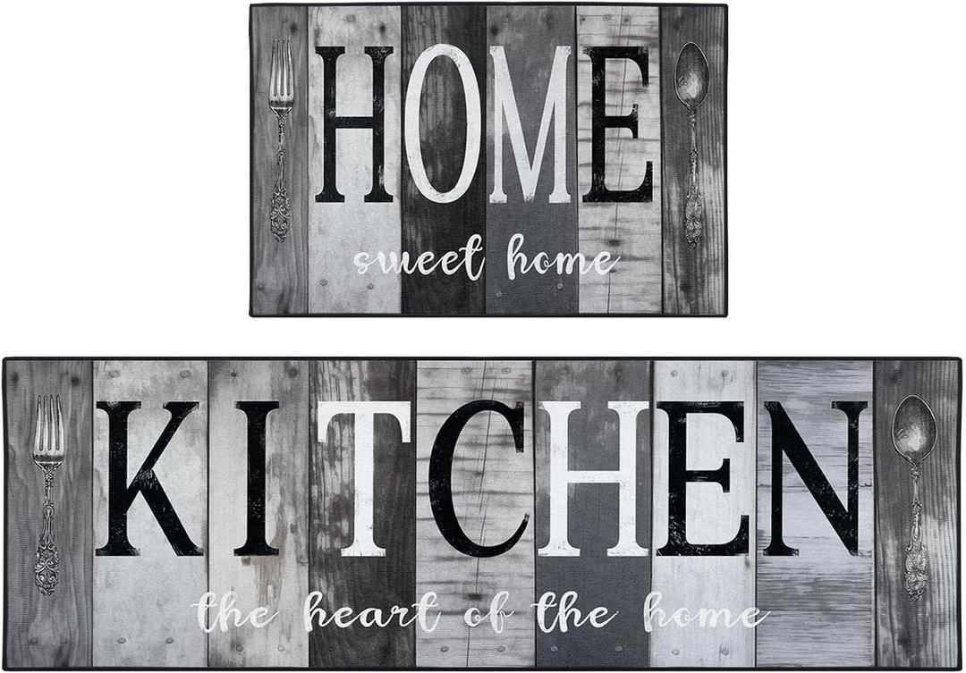 Farmhouse Black Gray Kitchen Rugs and Mats Non Skid Washable Set of 2, Vintage Wooden Board Floor Mats, Sweet Heart Home Runner Rug, Kitchen Decor