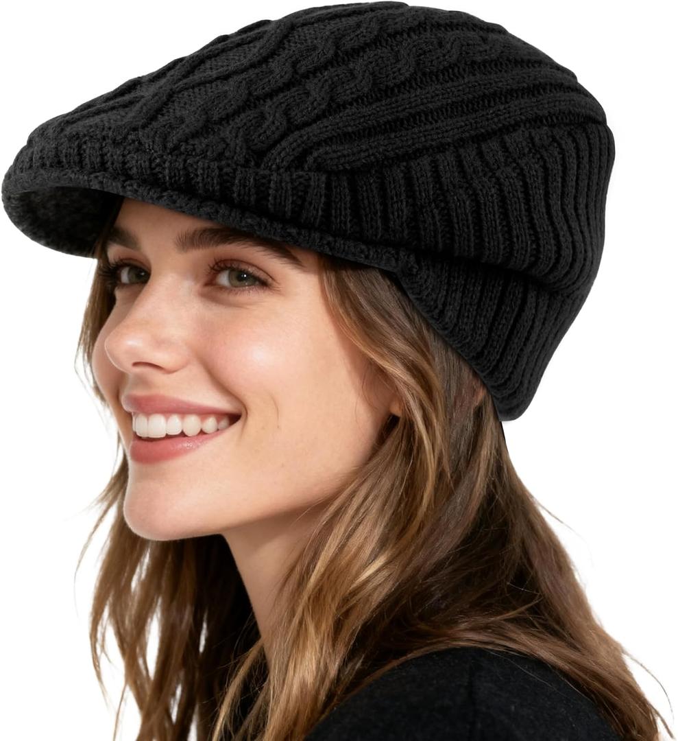 Women Winter Warm Knit Hat for Men Wool Snow Ski Caps with Visor Warm Fleece Lined Hat Soft Beanie Cap (Black)