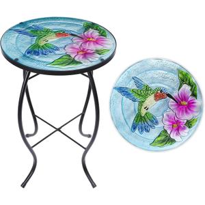 VCUTEKA Patio Side Table Outdoor Accent Table Small Mosaic Table Coffee Table End Table Porch Indoor Outdoor Round Glass Balcony Bistro Hummingbird Flowers 14 inches, Round, 14-inch Diameter, 21-inch Height