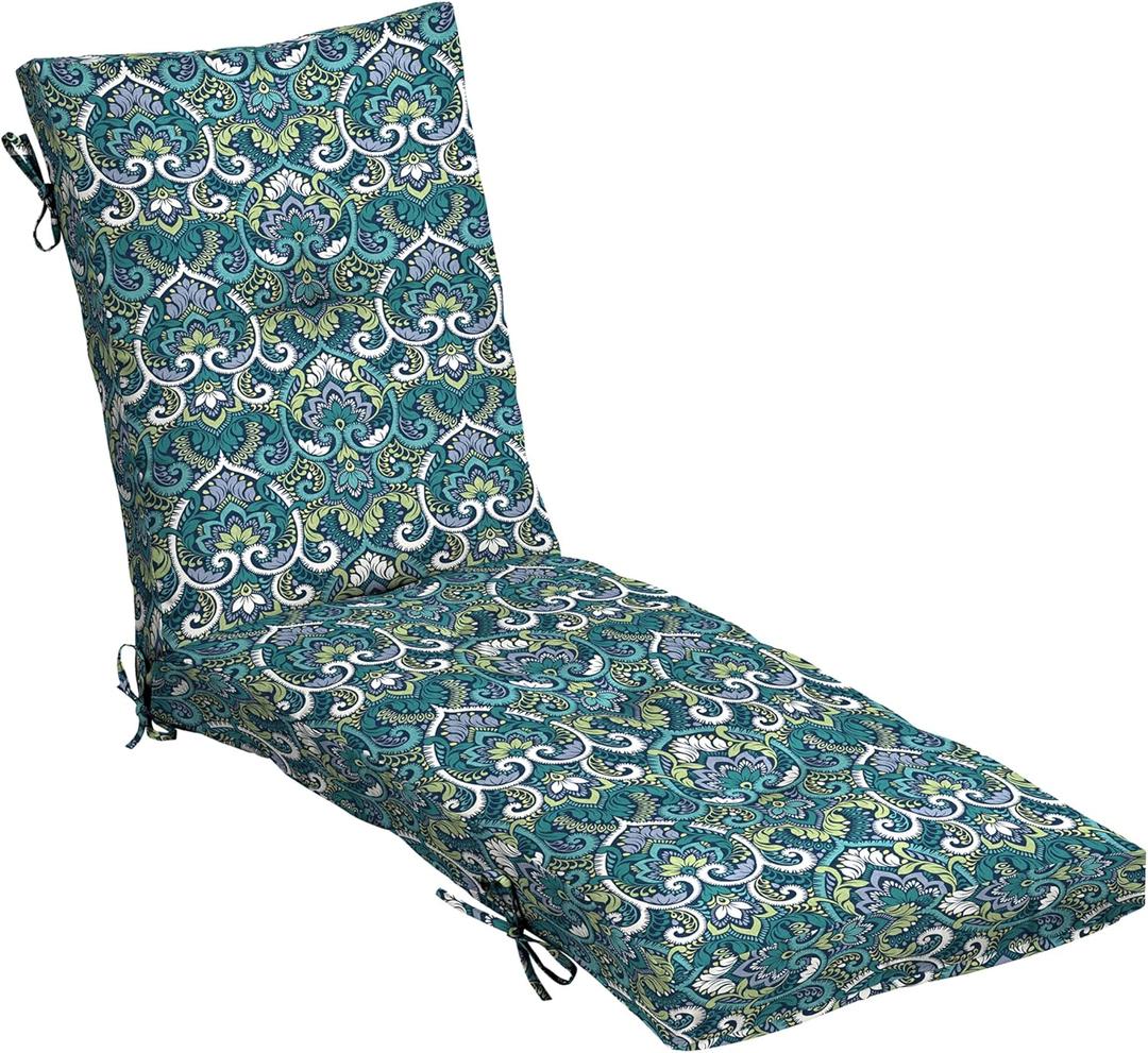 Arden Outdoor Plush Modern Tufted Chaise Cushion, 76 x 22, Rain-Proof, Fade Resistant, Tufted Cushion for Chaise Lounger Sapphire Aurora Blue Damask