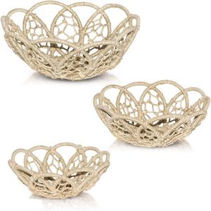 India Handicrafts 20677 Natural BoHo Brown Flower 14.5 inch Jute Decorative Storage Accent Basket Set of 3