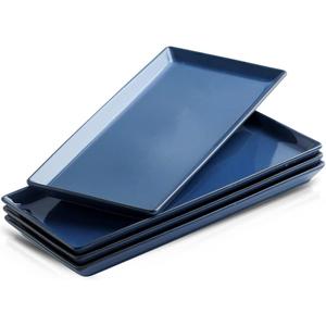 KOOV Ceramic Serving Tray, 14 Inches Large Platter, Rectangular, Porcelain Plates, Dishes for Dinner, Party, Sushi, Dessert, Food, Set of 4 (Stone Blue)