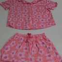 KevaMolly Womens Pajama Sets Pink Flower Print Buttoned Drawstring Waist Lounge Set Short Sleeve Top and Shorts (Medium)