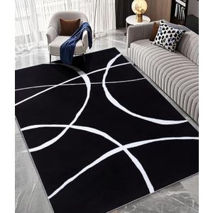 YIHOUSE Modern Washable Area Rug for Living Room Bedroom - Large Abstract Black and White Rug Non-Slip Ultra-Thin Home Decor (Dark Curve, 5'x7'ft)