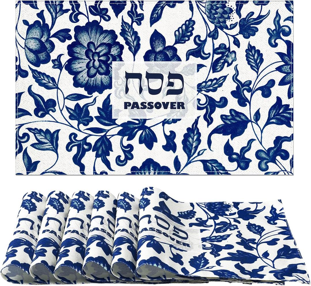 Blushtier 6 Pcs Happy Passover Placemats Washable Seder Matzo Table Mats Pesach Decorations Durable Non-Slip Heat Resistant Table Mats for Passover Holiday Kitchen Dining Room Home Party, 12 x 18 Inch