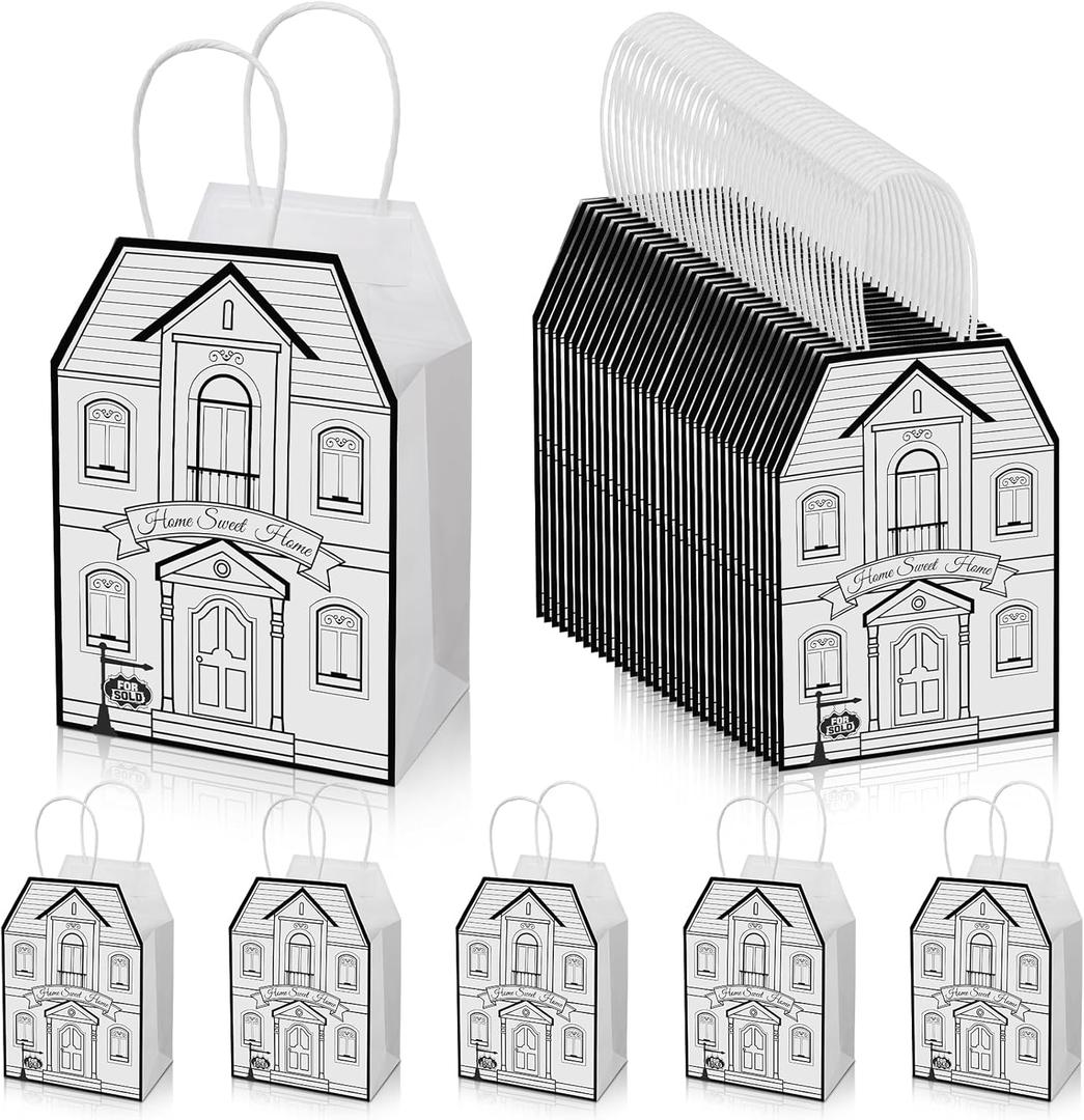 Colarr 50 Pcs House Shaped Gift Bag Real Estate Agent Supplies Real Estate Gift Treat Bag with Handles Kraft for Shopping Business Wedding Baby Shower Birthday Housewarming Home Party Favor(White)