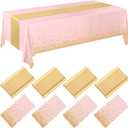 Breling 8 Pack Pink and Gold Disposable Plastic Tablecloths and Satin Table Runner Set, 54 x 108 Inch Tablecloth, 12 x 108 Inch Table Runners for Wedding Graduation Birthday Baby Shower