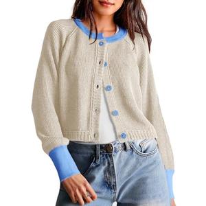 Saodimallsu Womens Cropped Cardigan Sweaters Button Down Open Front Long Sleeve Fall Trendy Color Block Knit Coats, S