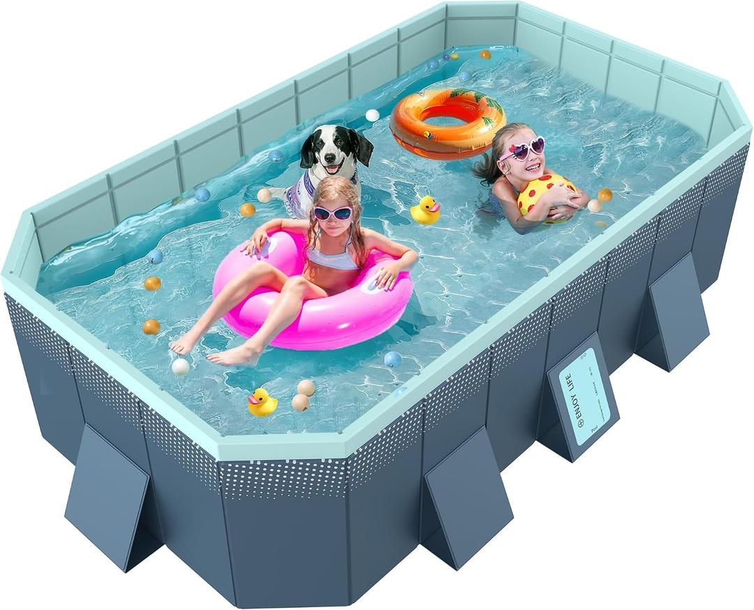 Foldable Non-Inflatable Above Ground Framed Swimming Pool for Backyard, Family Pool (113" x 66" x 20")