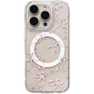 Magnetic Pink Bow Glitter Clear Case for iPhone 15 Pro Max 6.7[Compatible with MagSafe],Aesthetic Trendy Cute Star Y2K Bling Anti-Yellow Stylish Protective Cover