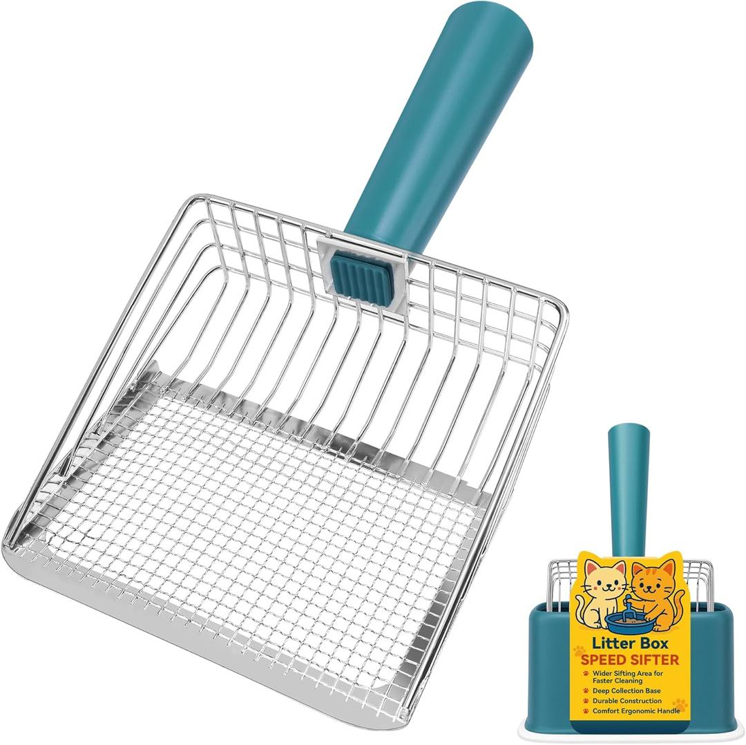 Metal Cat Litter Scoop with Holder, Heavy Duty Deep Sifter with Dual-Hole (10mm/5mm) for Pellets & Clay, Non-Stick (Blue)